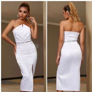 white strapless sheath dress pleated bodice M